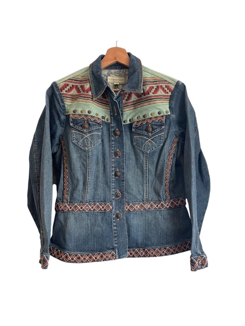 Coldwater Creek Women Western Boho Denim Jacket Size PS Southwestern Embroidered